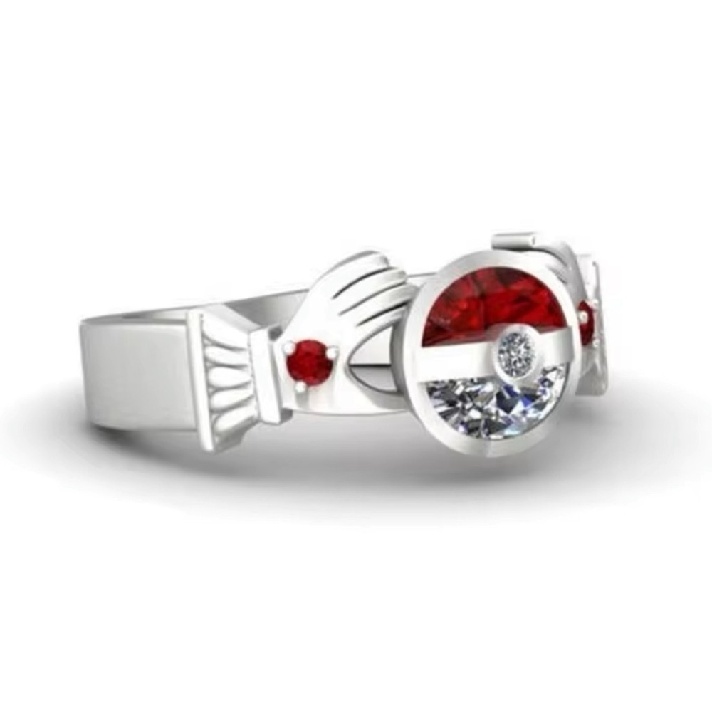 18K White Gold Pokemon Pokeball Claddagh Ring W/ Ruby & Diamond Inlay